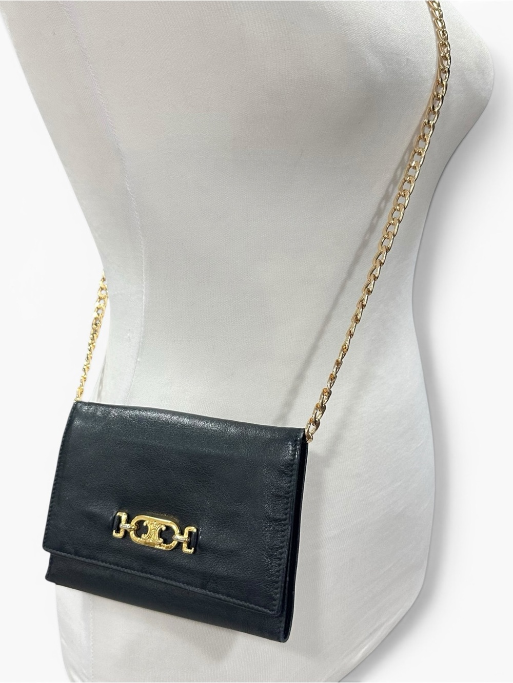Celine Triomphe Navy Blue Leather & Gold Trifold Wallet on Chain
